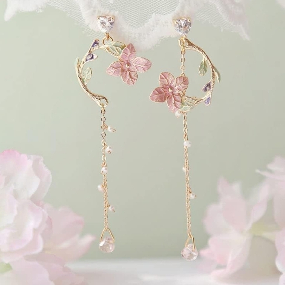 Women’s Jewelry Elegant Floral Drop Long Dangle Earrings in Pink and Gold